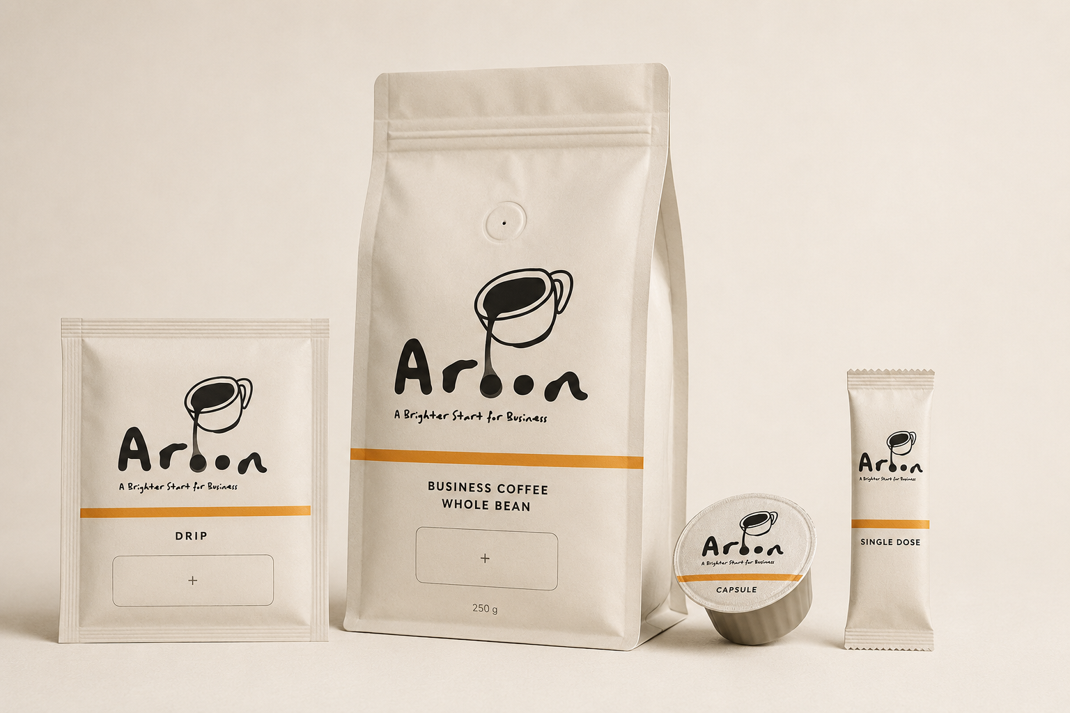AROON business coffee line-up — drip sachet, whole bean pouch, capsule and single-dose stick