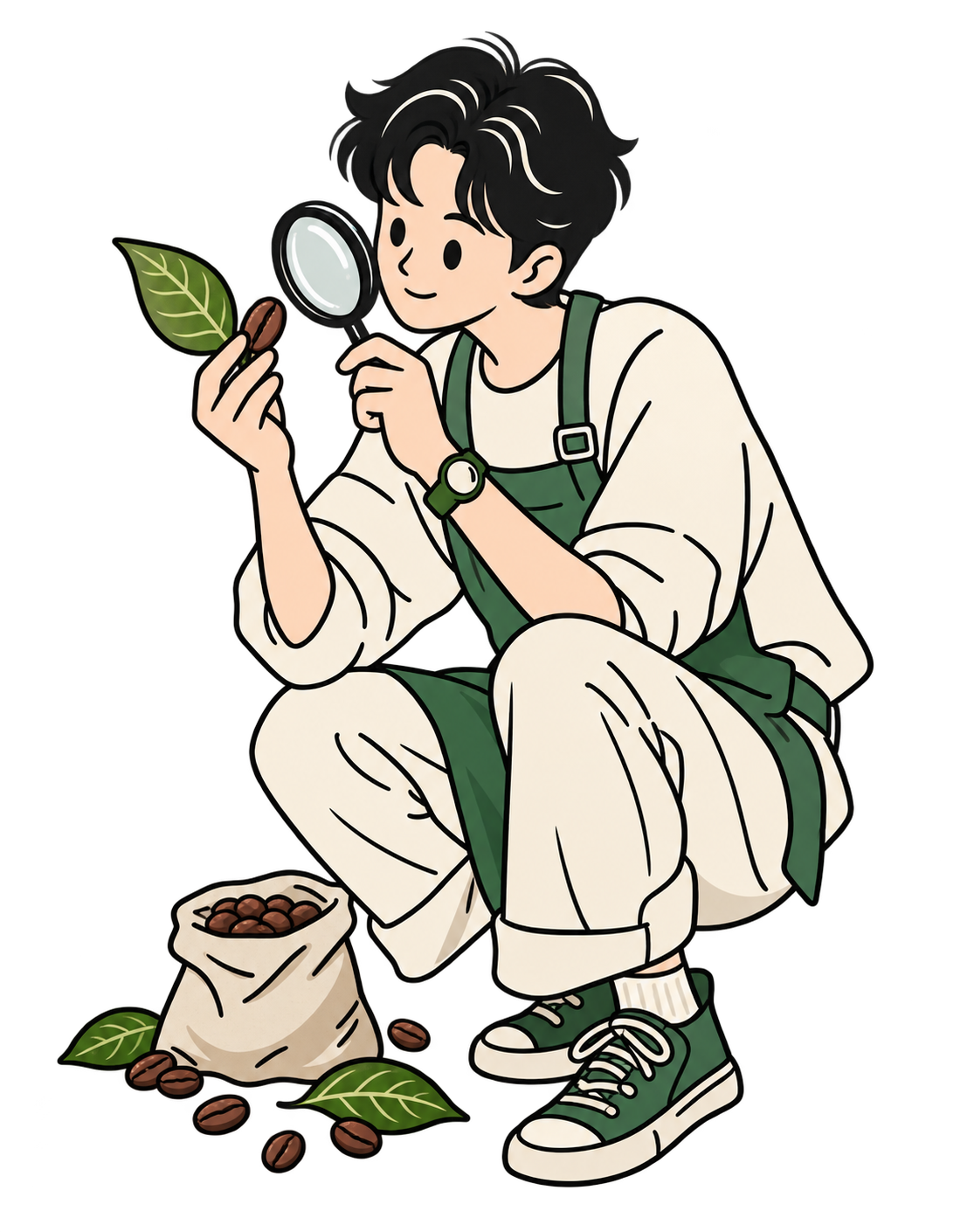 A person settling into focused work with a cup at hand, drawn in green