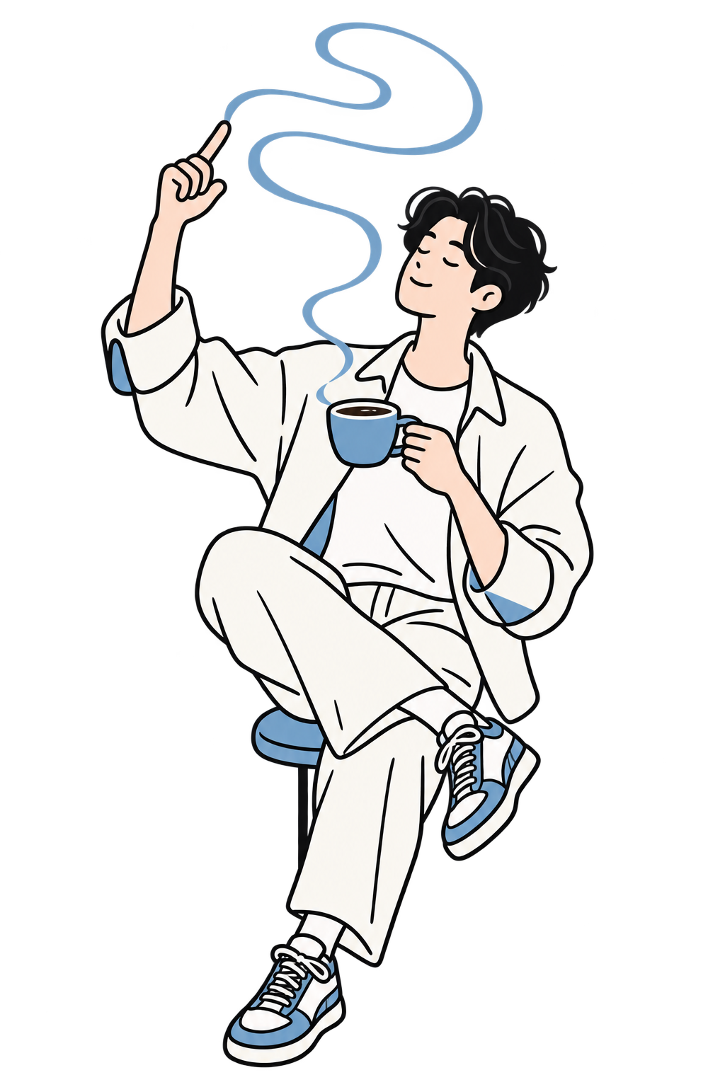 A person stepping away for a cooling cup mid-task, drawn in blue