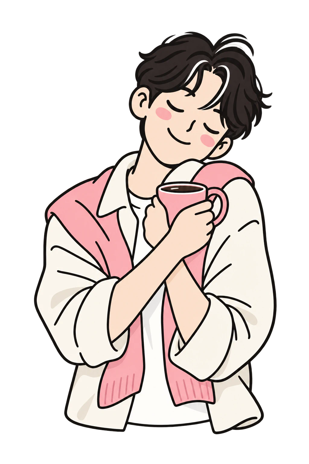 A person holding a cup close before a big step, drawn in pink line art