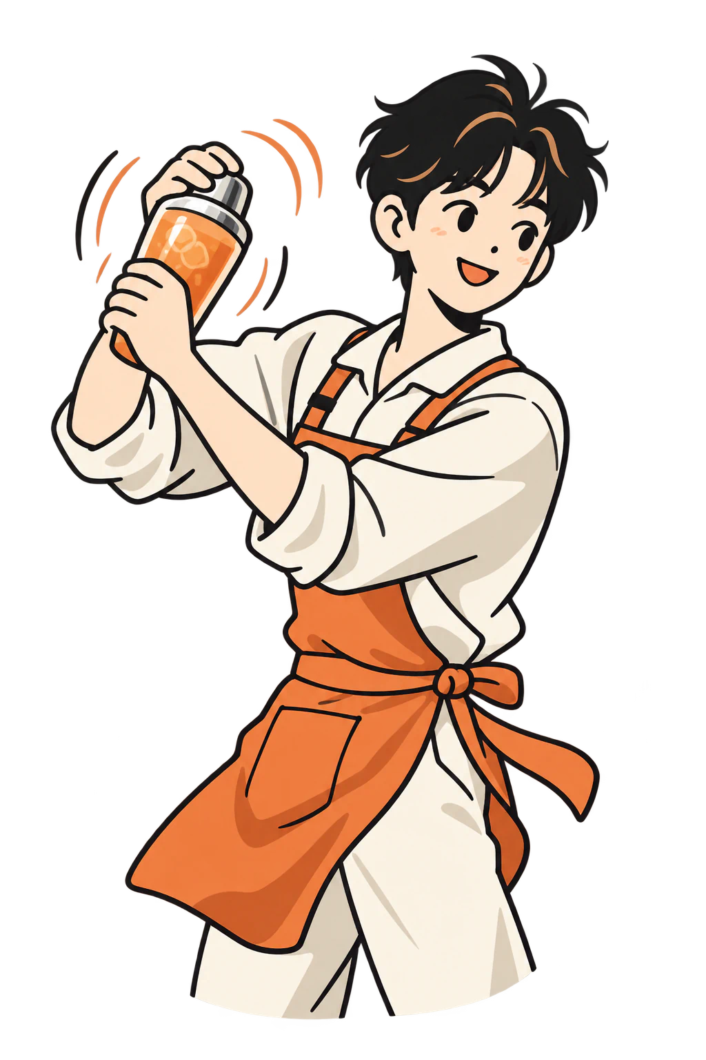 Two people sharing warm cups side by side, drawn in orange line art