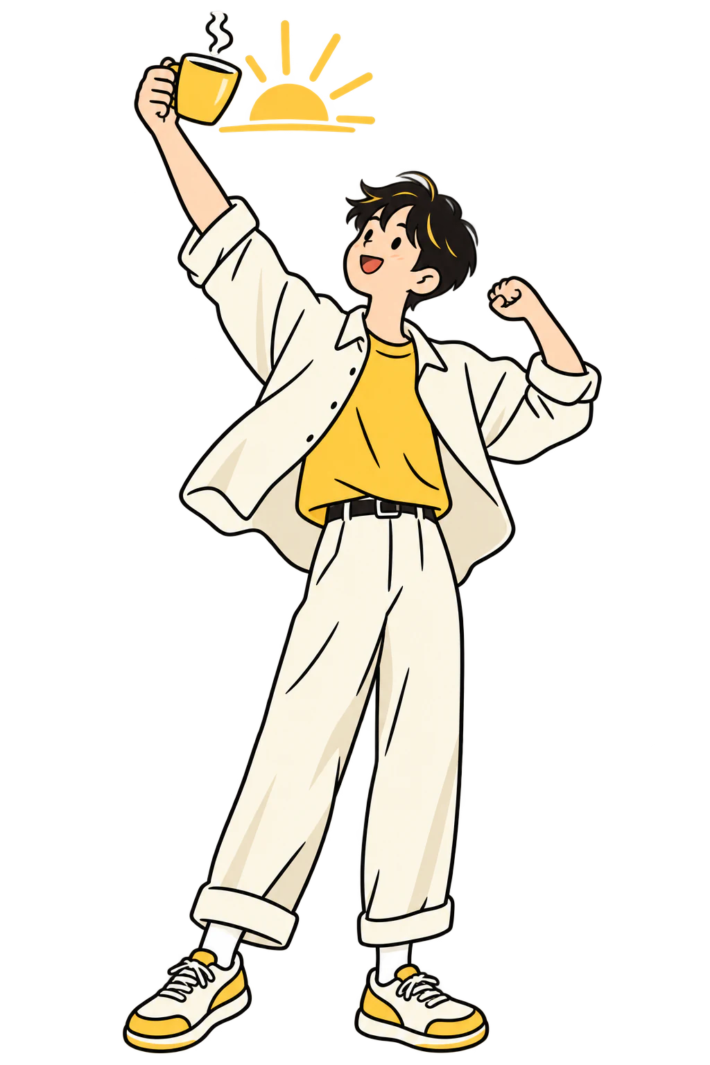 A person pouring the first bright cup of the morning, drawn in yellow line art