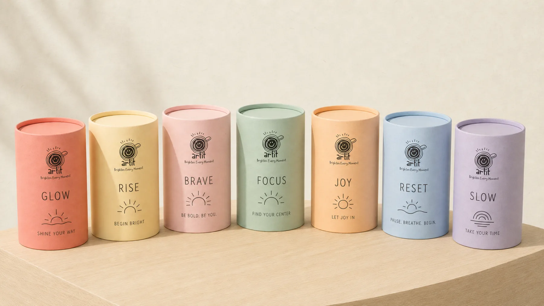 The seven ARTIT tubes lined up on a pale oak table — coral, yellow, pink, green, orange, blue and purple, each printed with its moment and a small sun drawing