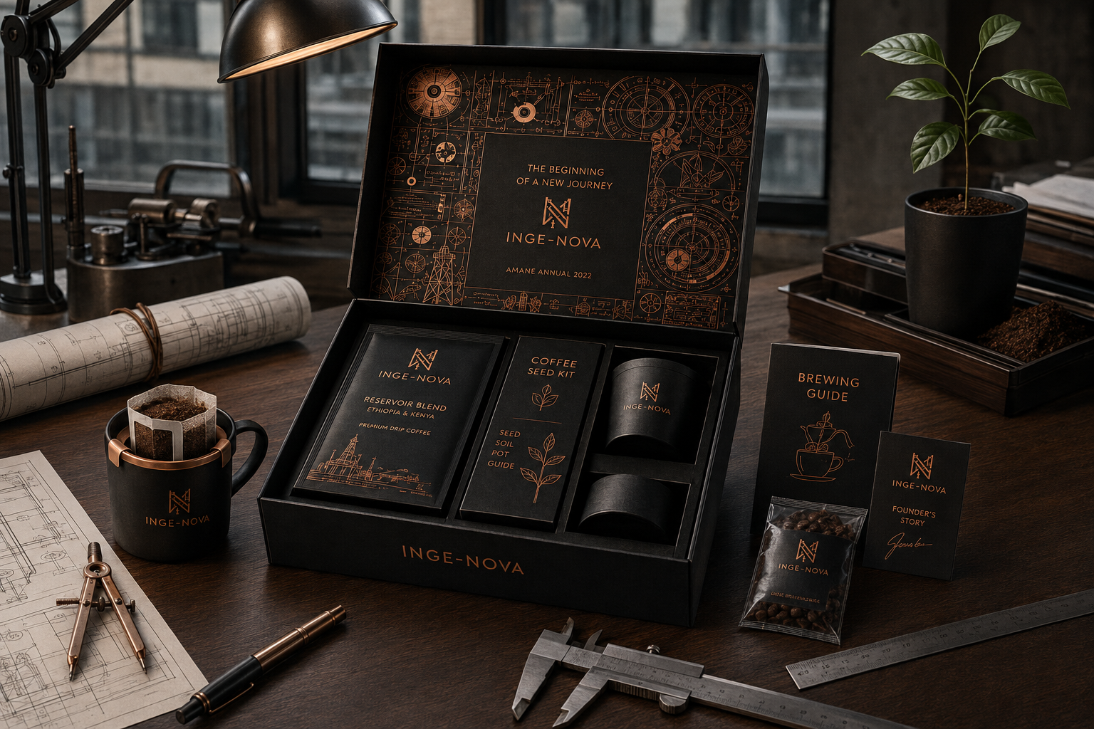 INGE NOVA black and copper annual coffee set on an inventor's workbench