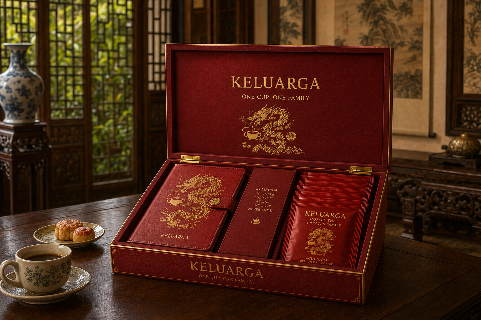 KELUARGA red and gold annual coffee collection in a family dining room