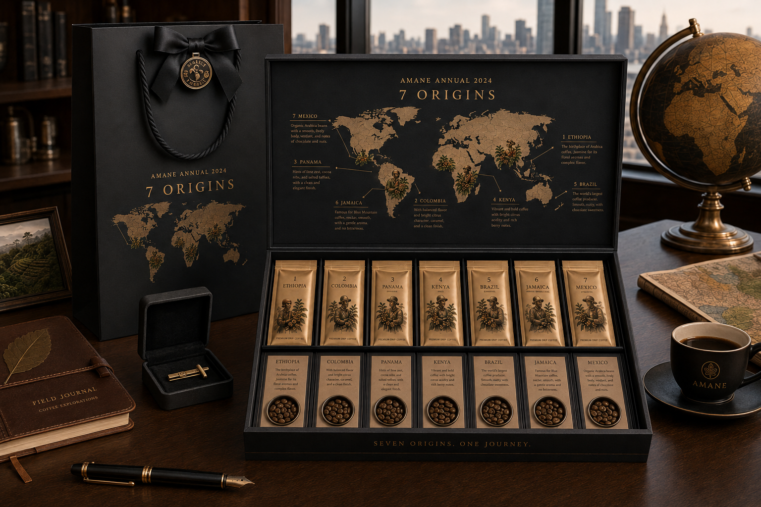 7 ORIGINS collector coffee set with a world map and seven origins