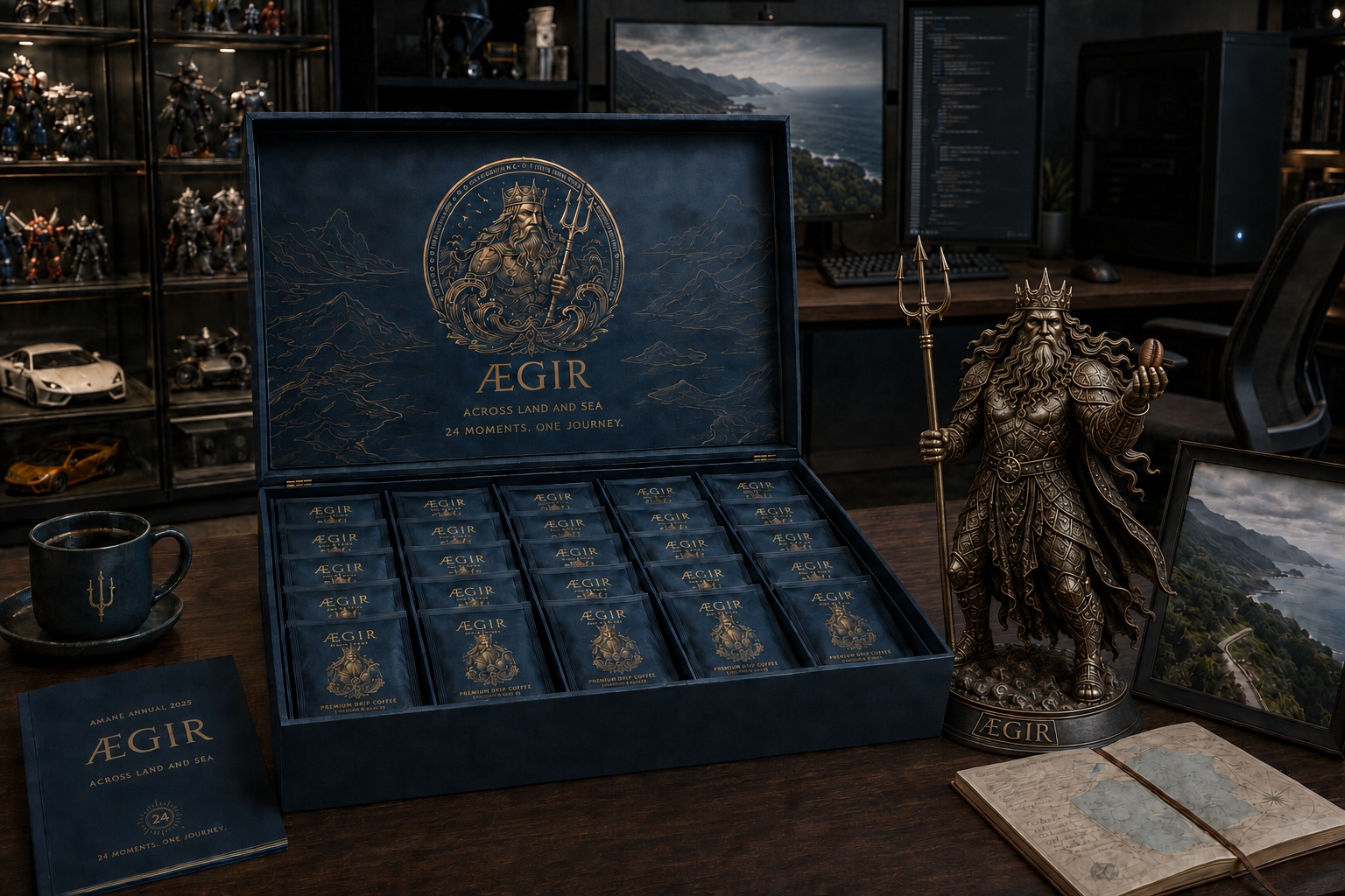 AEGIR navy annual coffee collection beside sea-inspired keepsakes