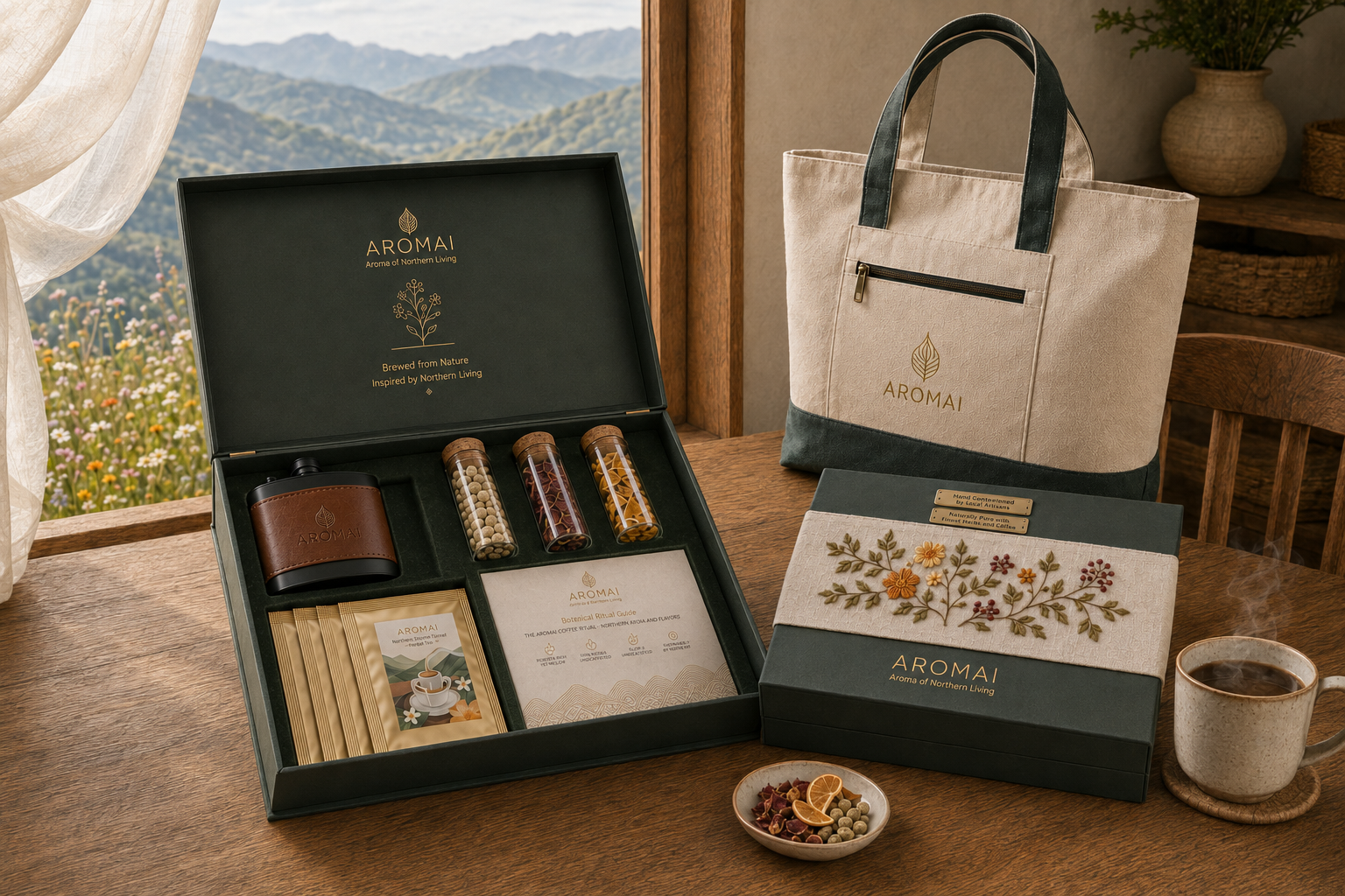 AROMAI 2026 botanical coffee collection with an embroidered travel bag overlooking northern mountains