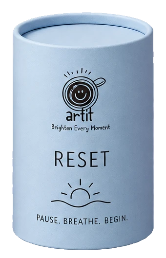 ARTIT RESET tube — Pause. Breathe. Begin. printed on matte reset paper